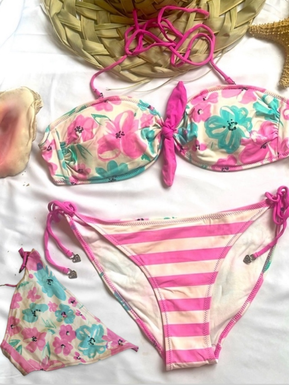 Ardene Floral Bikini Set Pink White Blue Mix Match Top XL Bottom L